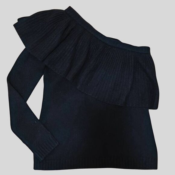 Aqua Black 100% Cashmere One Shoulder Sweater NWT Ruffle Ribbed Knit Medium - Picture 1 of 13